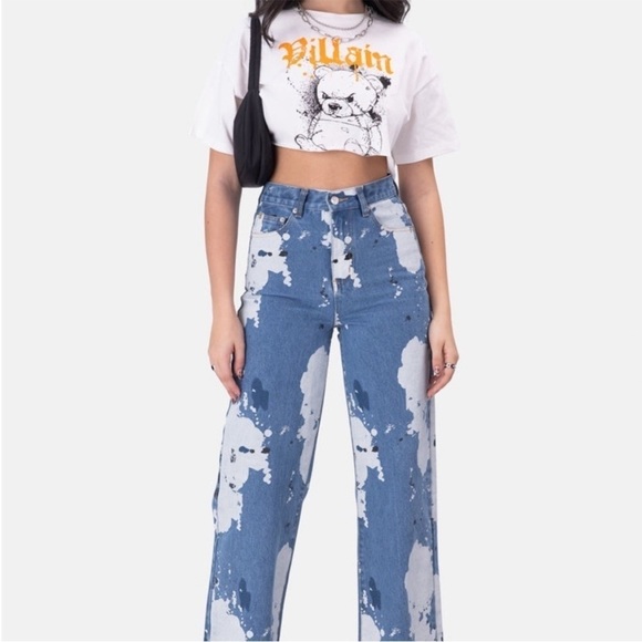 Adika Pollock Paint-Splattered Medium Wash Jeans Size Medium High Waist Baggy - Picture 1 of 14